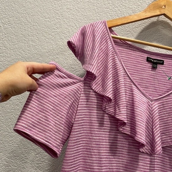 Lane Bryant Purple Stripe Cold Shoulder Ruffle Top Size 14/16 - Picture 4 of 8